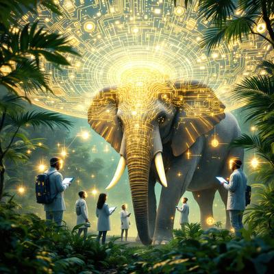 The primary subject of the image is a large elephant with a halo above it, surrounded by a group of people. The setting is a lush green forest, with the elephant standing in the middle of the scene. The visual style is a combination of photo and digital art, creating a surreal and fantastical atmosphere. The colors are predominantly green, with the halo above the elephant adding a touch of gold. The mood of the image is one of wonder and awe, as the people in the scene appear to be in awe of the majestic elephant.